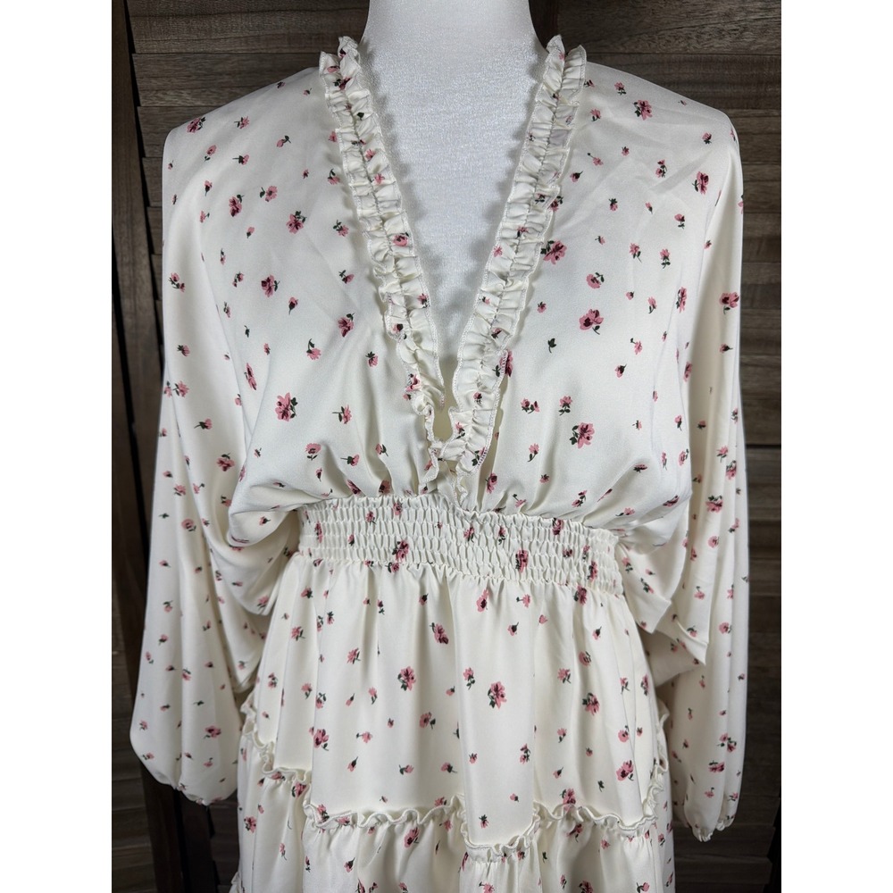 Blush Mark Cream Pink Floral Ruffle V-Neck Smocked Mini Dress 1005943 Small - Picture 3 of 10